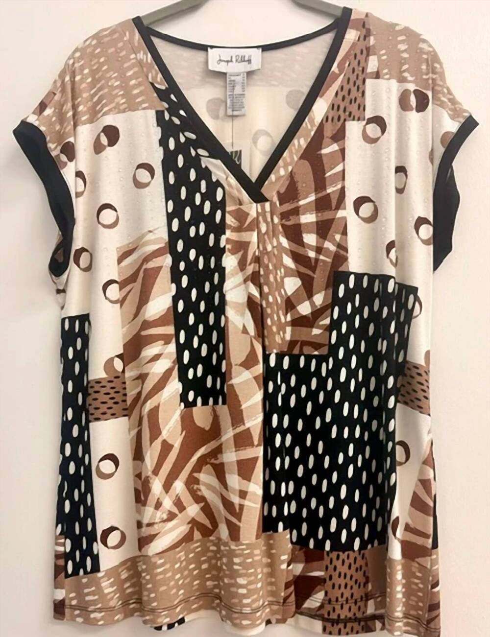 NEW JOSEPH RIBKOFF women's print v-neck top in brown